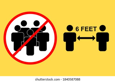 Social distancing warning. Keep distance 6 feet, to avoid congestion. Crowd crossed with red line illustration on a yellow background. Vector.
