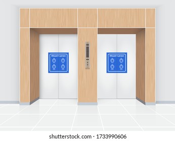 Social distancing warning sign allowed 4 person using in the same time prevent coronavirus spread on elevator door, vector illustration design.