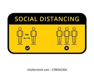 Social distancing warning sticker. Keep 1-2 meters distance in the virus pandemic. Coronavirus health protocol. Vector illustration