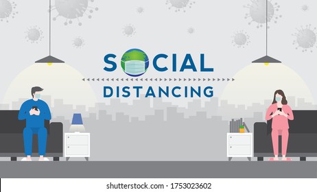 Social distancing and wearing mask after pandemic of covid-19 corona virus. New normal is stay apart and personal distance. Couple stay at home separate sitting on sofa and using mobile phone.