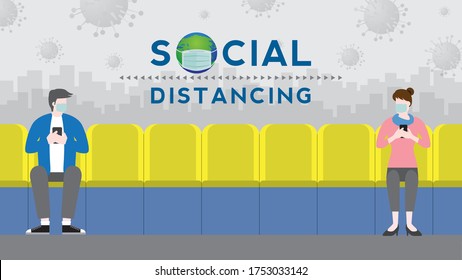 Social distancing and wearing mask after pandemic of covid-19 corona virus. New normal is stay apart and personal distance. Couple sitting on seat in train public transportation.
