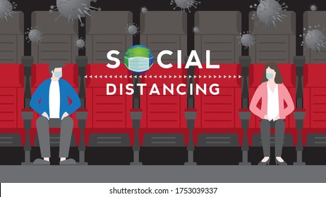 Social distancing and wearing mask after pandemic of covid-19 corona virus. New normal is stay apart and personal distance. Couple watching movie in theater separate sitting on seat. svg