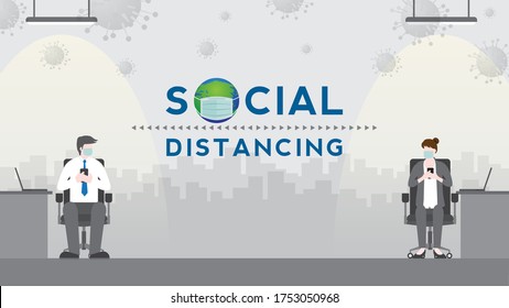 Social distancing and wearing mask after pandemic of covid-19 corona virus. New normal is stay apart and personal distance. Business people working in office using laptop and mobile phone.