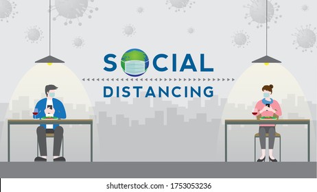 Social distancing and wearing mask after pandemic of covid-19 corona virus. New normal is stay apart and personal distance. Couple eating dinner romantic dating in restaurant using mobile phone.