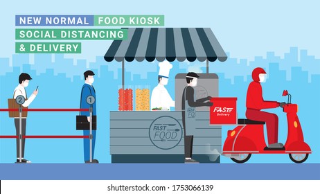 Social distancing and wearing mask. New normal food kiosk re opening. People stand apart at queue line number take away food in rush hour. Delivery service express bike from logistic company.