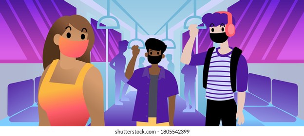 Social distancing when using public transit or subway, People wear masks to prevent coronavirus.
