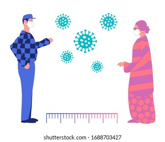 El distanciamiento social mientras el coronavirus, mantienen la distancia en la sociedad pública para proteger de la coronavirus COVID-19. Ilustración vectorial sobre fondo transparente. Hombres y mujeres mantienen la distancia. EPS 10.