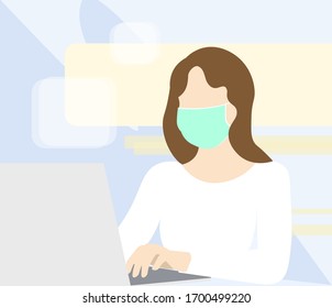 Social distancing Woman employee in surgical face mask working from home using laptop, ESP Flat art illustration during corona virus outbreak concept. COVID-19 virus. People work at home to prevent vi