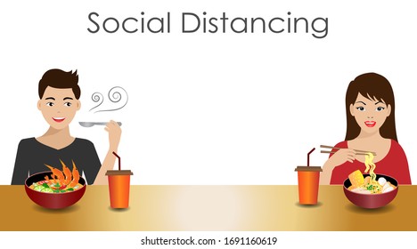 Social distancing.Man and woman having lunch, hot soup tomyumkung and noodle,keeping distance to protect from spreading of COVID-19 corona virus.Idea for COVID-19 outbreak, prevention and quarantine. 