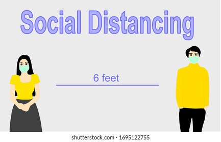 Social distancing. woman and man wearing yellow t-shirt. they are wearing medical mask. 6 feet far away to prevent virus (covid-19)​. cartoon illustration vector. 