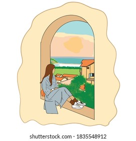Social distancing, a woman is sitting alone by the window during sunset moment.

