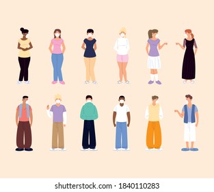 social distancing, women and men characters with protective masks, prevention coronavirus covid 19 vector illustration