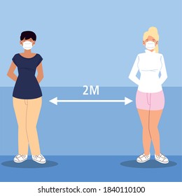 social distancing, women standing with precautionary measures during coronavirus covid 19 vector illustration