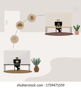 Social distancing at work concept, Both of employee are using technology to work together at office.