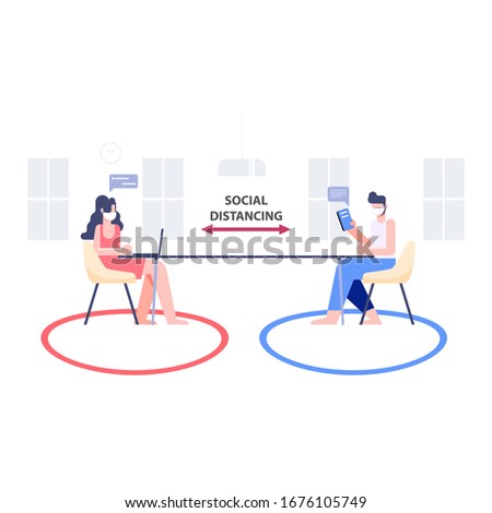 Social distancing work at home concept. People wear mask fight covid-19. Corona virus outbreak pandemic. Digital transformation.Flat character Abstract people. Health and medical. Vector illustration.