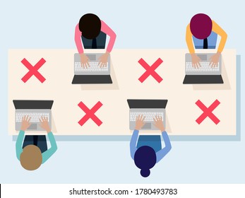 Social Distancing In Working  Space, Office Employees Keep Distance, Health Protection Concept,cover Mouth To Prevent Virus,pollution, Vector Illustration 