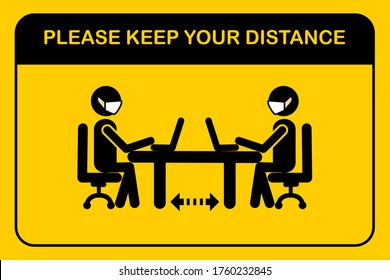 Social Distancing Workplace Concept.People Sitting When Meeting In The Office.A Man And A Woman In Medical Masks Maintain A Social Distance At Work.New Normal Icon Vector.Sign And Symbol Illustration.