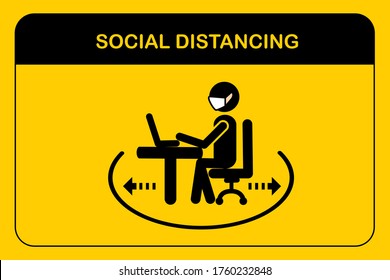 Social distancing workplace concept.People sitting when meeting in the office.A man and a woman in medical masks maintain a social distance at work.New normal icon vector.Sign and symbol Illustration.