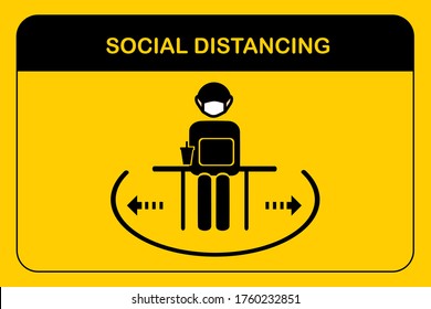 Social distancing workplace concept.People sitting when meeting in the office.A man and a woman in medical masks maintain a social distance at work.New normal icon vector.Sign and symbol Illustration.