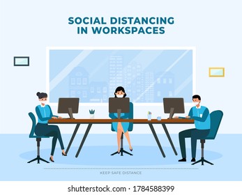 El distanciamiento social en el diseño de espacios de trabajo. Concepto ilustrado de distanciamiento social