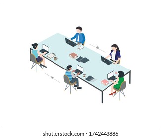 Social Distancing At Workstation Offices. For Mutual Safety Employees Work At A Desk By Keeping A Distance For The Covid 19. Vector Vector