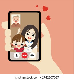 Social distancing, Young woman and kid, grandpa are having video call using the smartphone. Stay at home and new normal lifestyle.