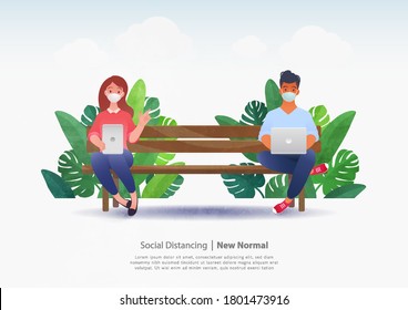 Social distancing of young woman and man wearing protective masks sitting on bench in park. New normal concept vector illustration.