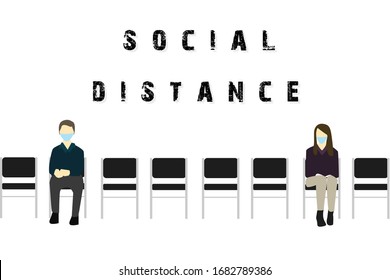 Social Distancing.Businessman and woman wearing surgical face mask keeping distance to protect from corona virus diseases (COVID-19). Idea for coronavirus outbreak, prevention and awareness.