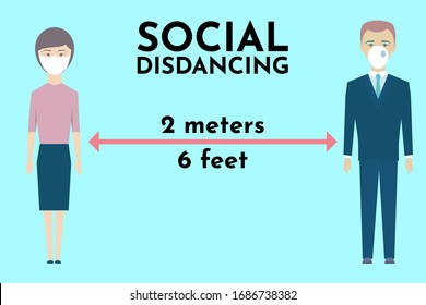 Social Distancing.Businessman and woman wearing surgical face mask keeping distance 2 meters to protect from corona virus diseases (COVID-19). Idea for coronavirus outbreak, prevention and awareness.