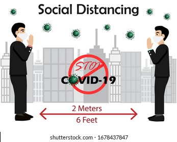 Social Distancing.Businessmen in Namaste (or Wai) hand to greeting people,keeping distance to protect spread of COVID-19 corona virus diseases.Idea for social distancing to prevent COVID-19 outbreak, 