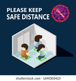 Social Distancing.Cute people wear protection mask and keep distancing to prevent spreading the virus covid-19, coronavirus outbreak.isometric vector illustrator for banner, poster and background.