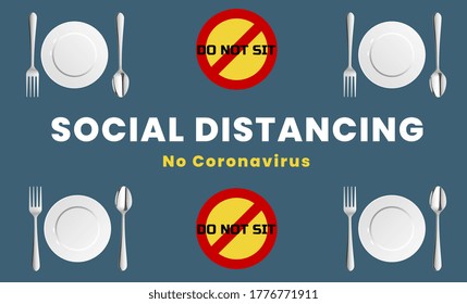 Social Distancing-Food Table, dishes and folk and spoon with do not sit mark on the table, dark blue background, Social Distancing-Food Table dishes, Social Distancing-Food Table 6 ft