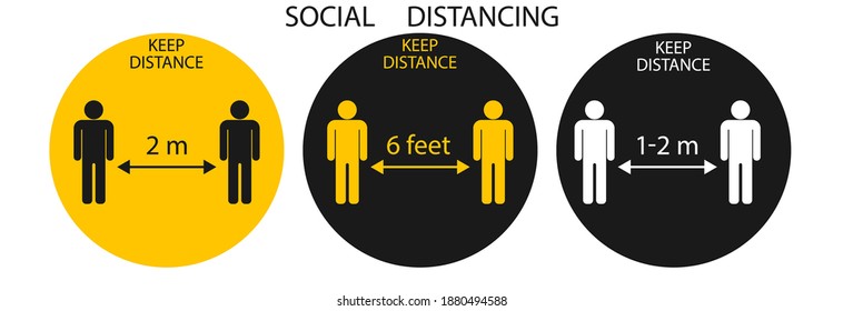 Social distancing,keep distance set of icons vector. Man with arrow distance 2m or 6 feet between.Icons in a circle. Covid -19 prevention.