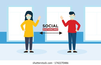 Social distancing,man and woman character wearing surgical mask and face shield maintain social distancing to prevent from virus spreading and flu prevention coronavirus outbreak spreading concept.
