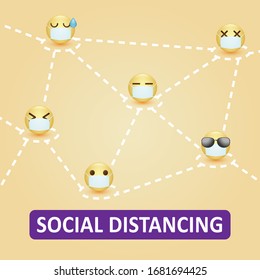 Social Distancing.Smile face wear protection mask and keep distancing to prevent spreading the virus covid-19, coronavirus outbreak concept.vector illustrator for banner, poster and background.
