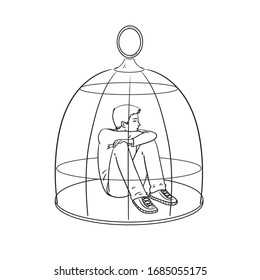 Social distancing.Young man is locked in a cage. Forced isolation. Teenager depression. Guy isolated. Line black-white sketch on a white background. Coronavirus quarantine.