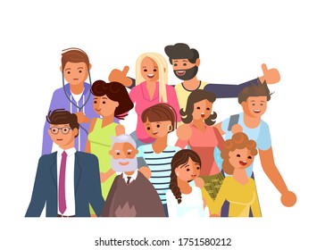 Social diversity crowd. Happy old and young men and women together. Diverse multicultural group of people isolated on white background. Flat Art Vector Illustration