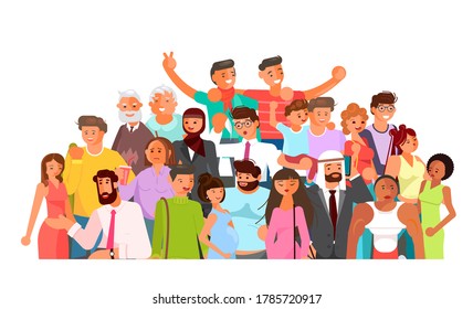 Social diversity crowd. Happy old and young men and women together. Diverse multicultural group of people isolated on white background. Flat Art Vector Illustration