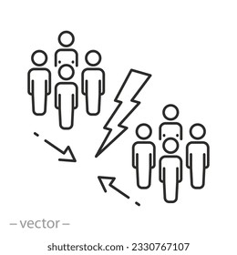 social division icon, people group separation, conflict with cracked community, thin line symbol - editable stroke vector illustration