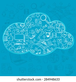 Social doodle icons in cloud, Hand drawn background