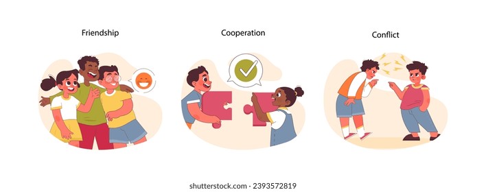 Social dynamics set. Illustration of children in moments of friendship, cooperation, and conflict. Expressive portrayal of youthful interactions and emotions. Flat vector illustration