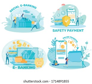 Social E-banking and Fundraising for Charity and Volunteering. Safety Money Transaction, Online Transfer and Payments for Commercial Services. Financial Network Operations. Flat Vector Illustration.