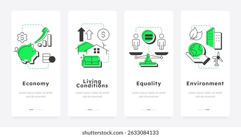 Social economy mobile app onboarding screens. Living conditions. Financial equality, Ecology preservation. Flat UI UX design, green highlight with outline icons conceptual