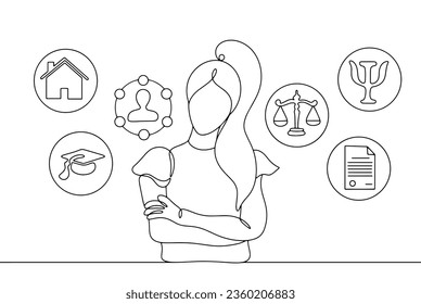 Social educator and the services she provides. International Day of Social Educators. One line drawing for different uses. Vector illustration.