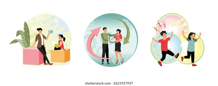 Social emotional development. Smiling psychologist talking about emotions with girl. Social Interaction Skills. People talking outdoor. Boy and girl expressing enthusiasm and liveliness associated.