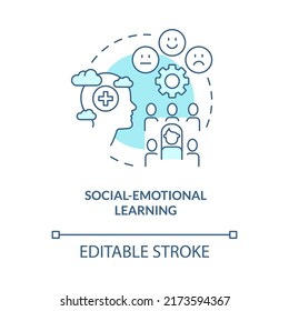 Social emotional learning turquoise concept icon. Trend in education abstract idea thin line illustration. Isolated outline drawing. Editable stroke. Arial, Myriad Pro-Bold fonts used