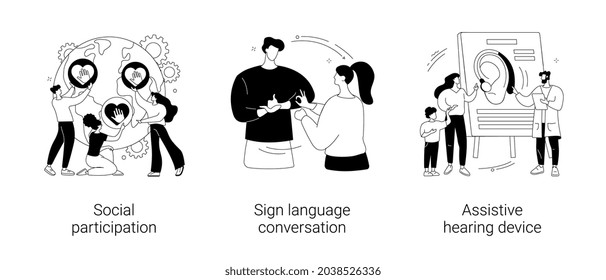 Social engagement abstract concept vector illustration set. Social participation, sign language conversation, assistive hearing device, hand alphabet, deaf people, gesture language abstract metaphor.