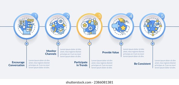 Social engagement best practices circle infographic template. Involvement. Data visualization with 5 steps. Editable timeline info chart. Workflow layout with line icons. Lato Bold, Regular fonts used