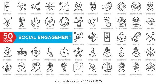 Social Engagement icon set. Social Pulse, Connect Hub, Share Network, Impact Pulse, Friend Connect, Interaction Zone, Community Link and Buzz Wave