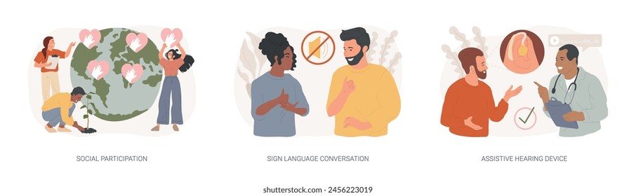 Social engagement isolated concept vector illustration set. Social participation, sign language conversation, assistive hearing device, hand alphabet, deaf people, gesture language vector concept.